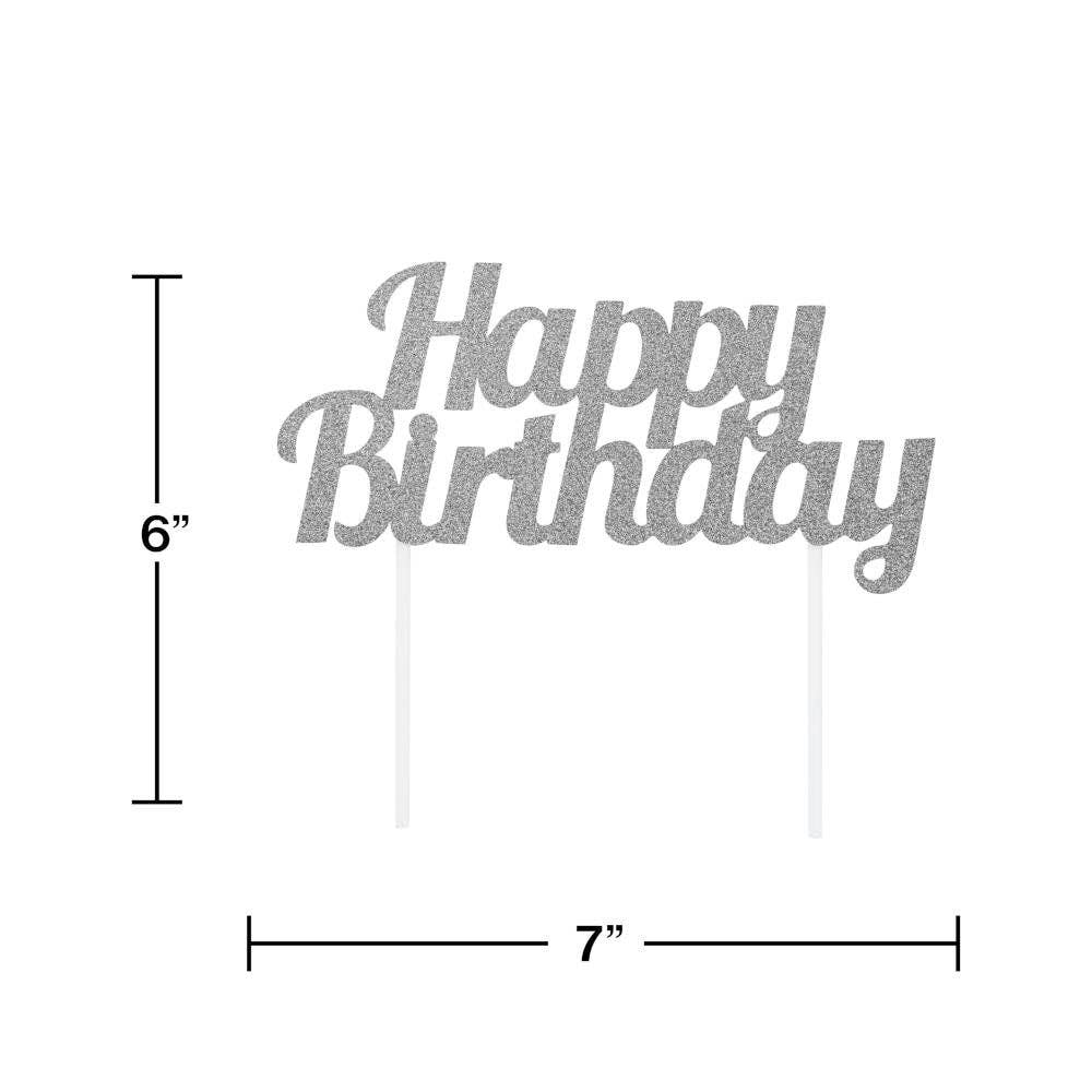 Silver Glitter Happy Birthday Cake Toppers, 1/Pkg