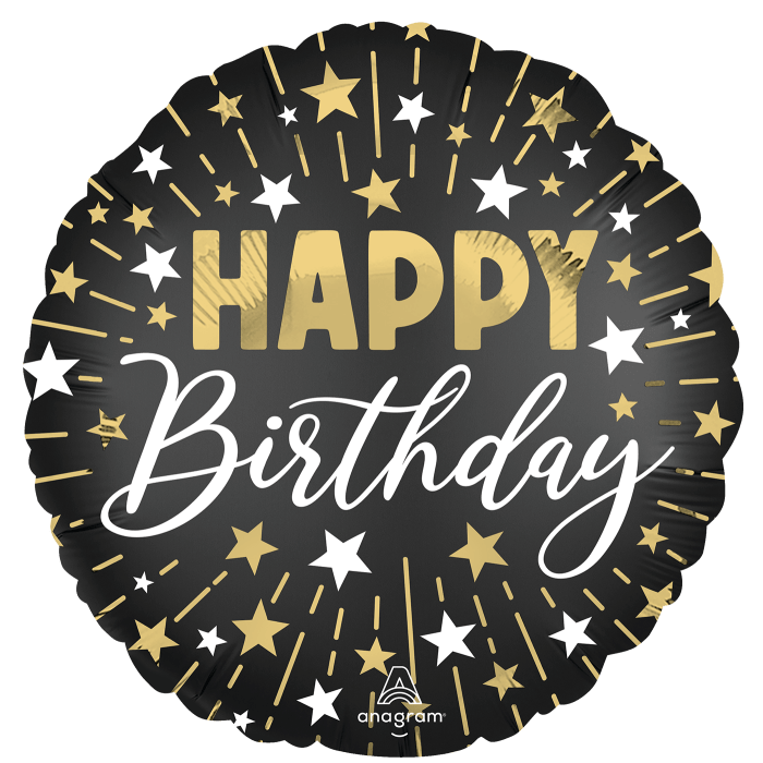 18" Black Silver & Gold Happy Birthday Balloon