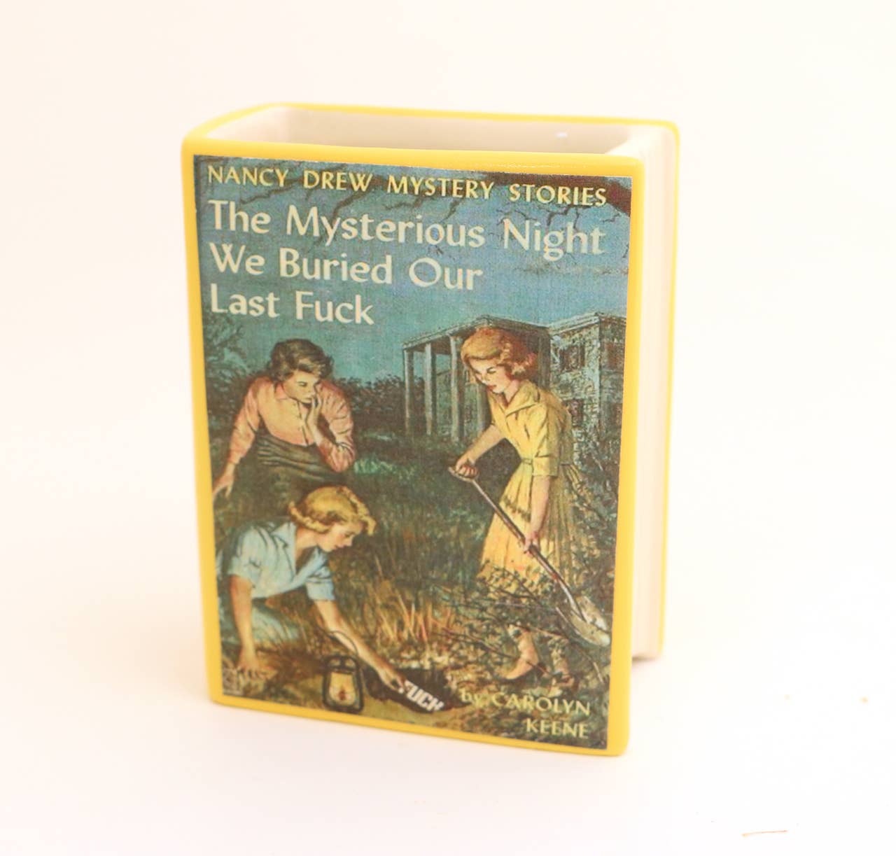 Nancy Drew Parody Book Shaped Pencil Container, decoupaged, vase
