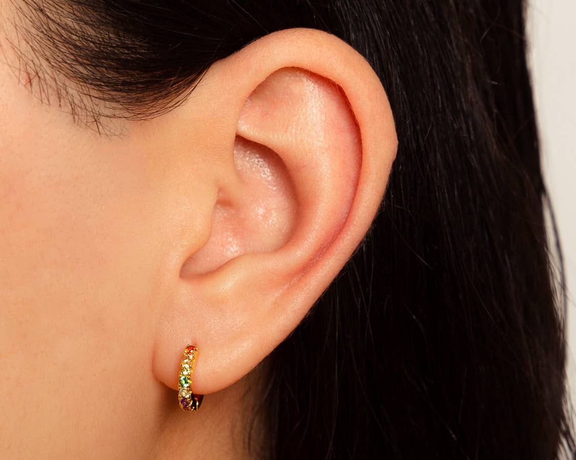 Beaded Rainbow 14k Gold Huggie Hoop Earrings