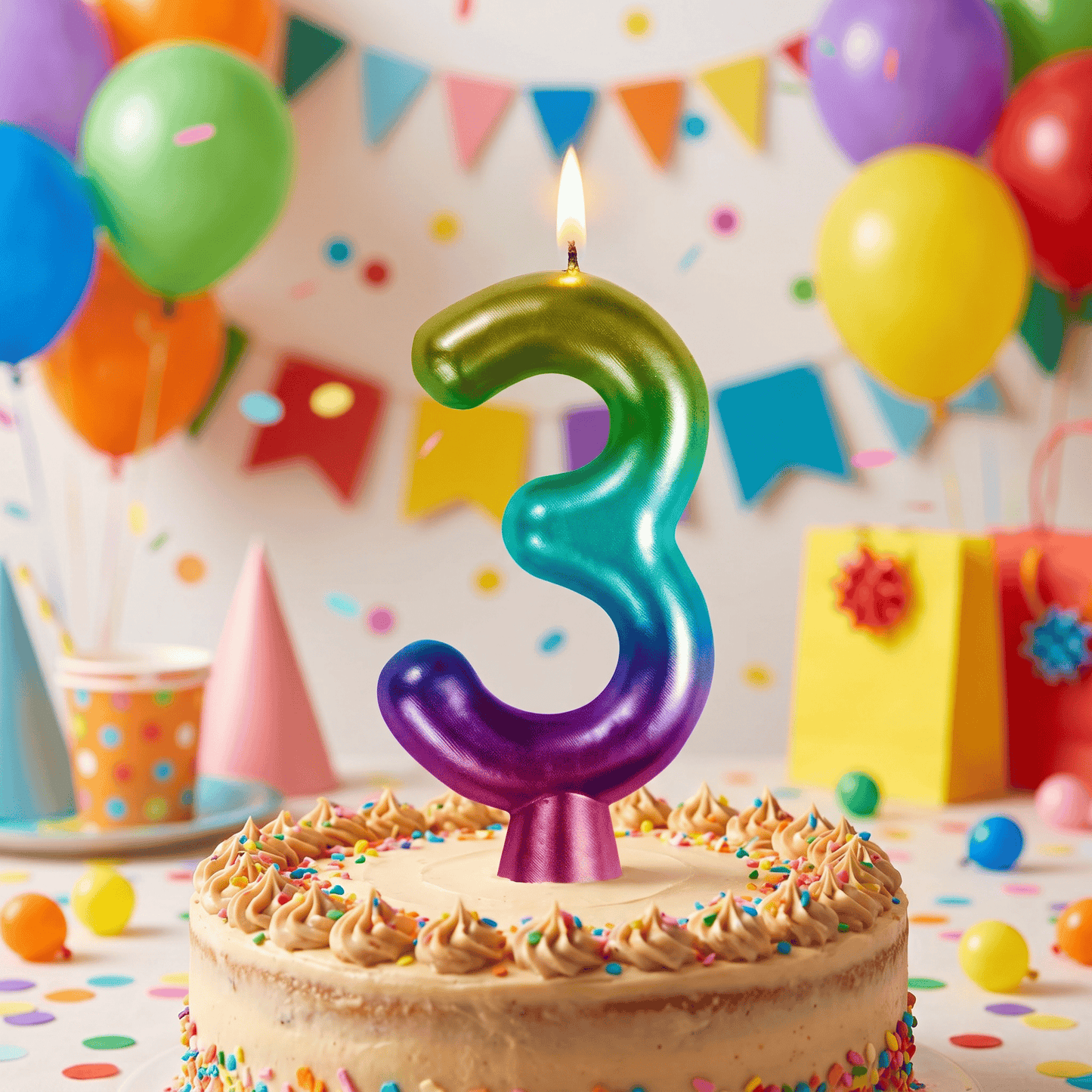 Bulk Rainbow Metallic 3 Birthday Candle (12 per Case)