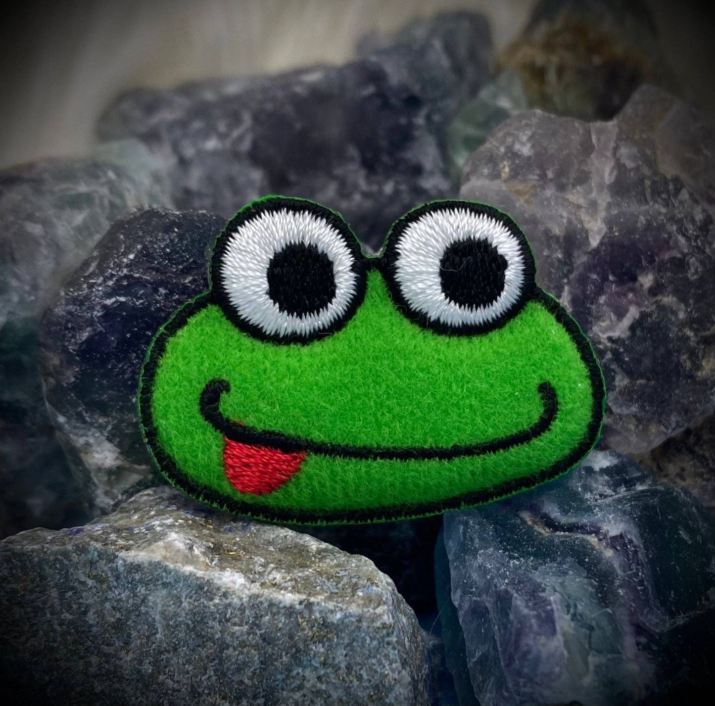 Puffy 3D Green Frog, Head, Face, Iron-on Patch, Embroidered