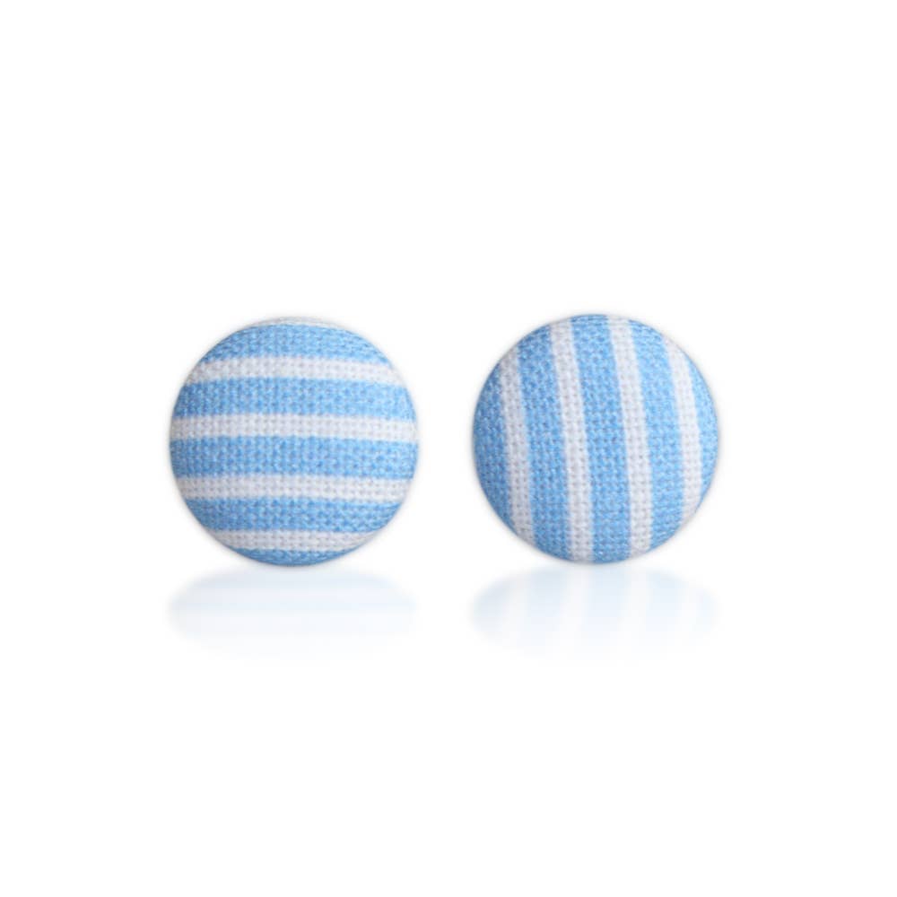 Blue Stripes Fabric Button Earrings: 0.5 inch wide