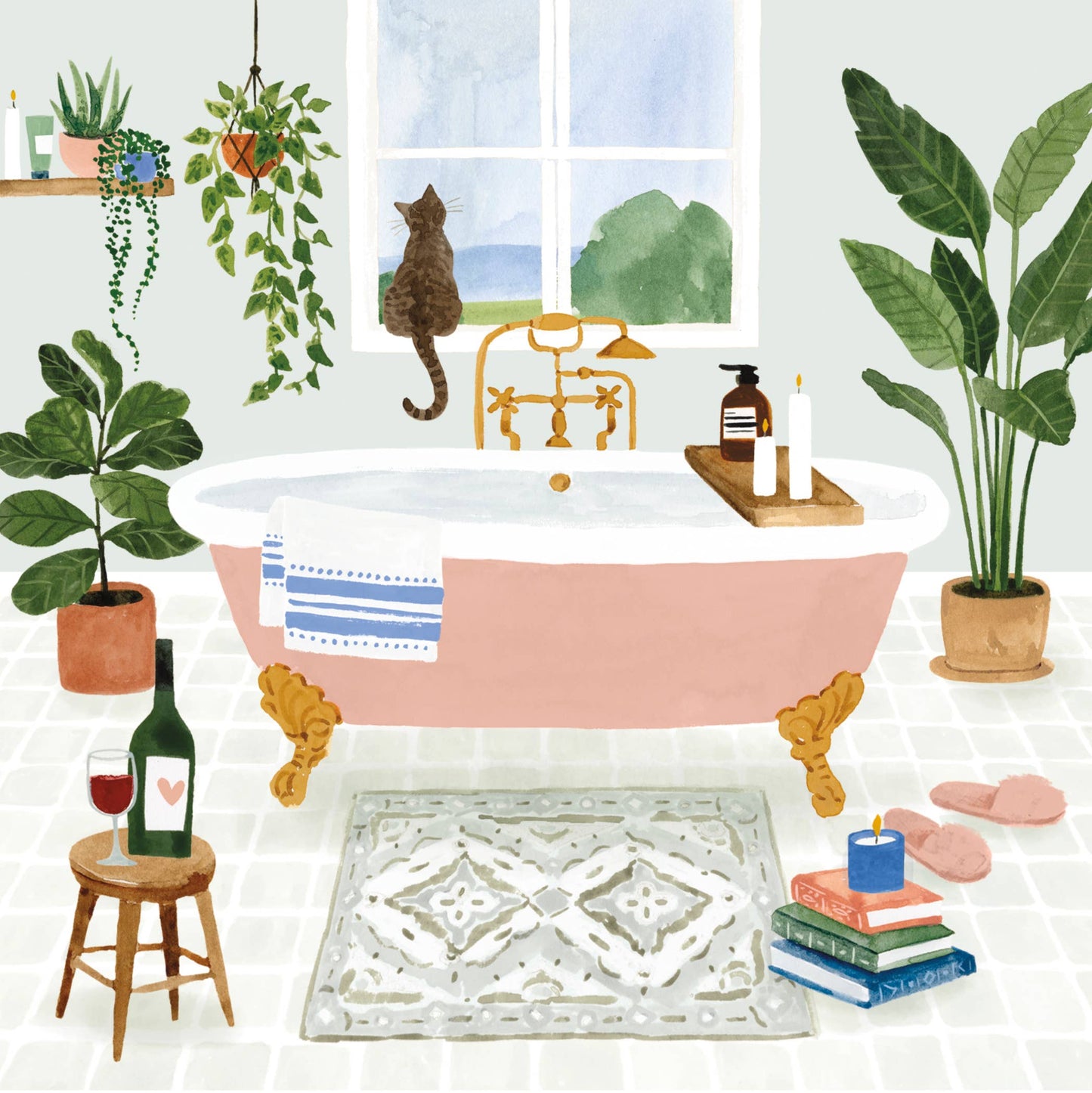 Spa Day Bathtub with Cat Scene Mini Pop-up Card