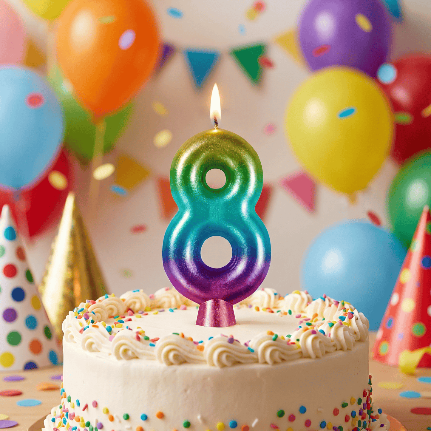 Bulk Rainbow Metallic 8 Birthday Candle (12 per Case)