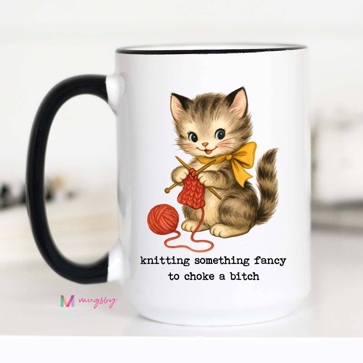 Knitting Something Fancy Funny Cat Mug for Makers: 15oz / All white