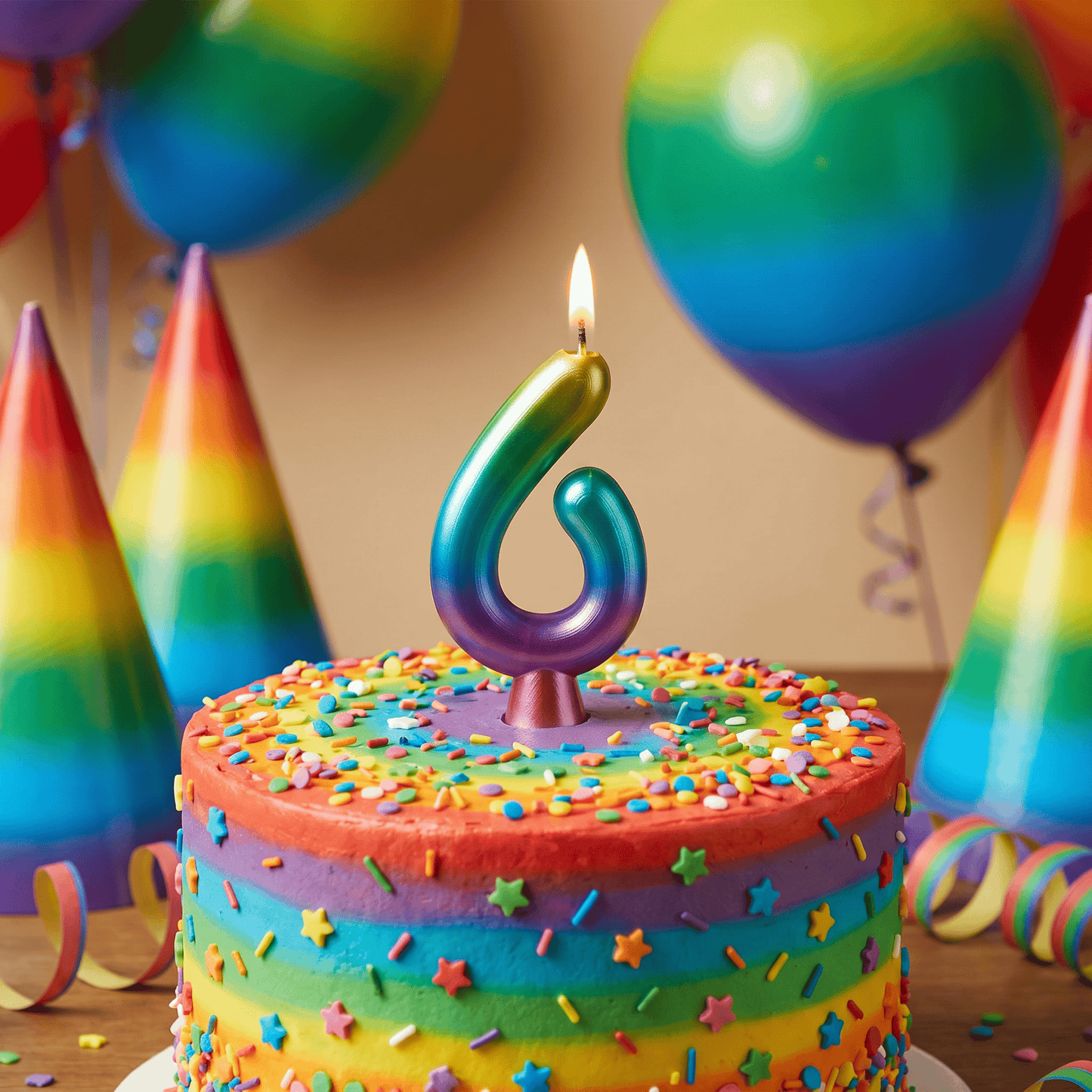 Bulk Rainbow Metallic 6 Birthday Candle (12 per Case)