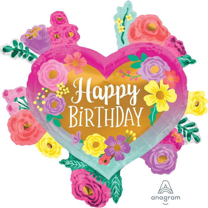 27" Painted Flowers B'day Heart Balloon
