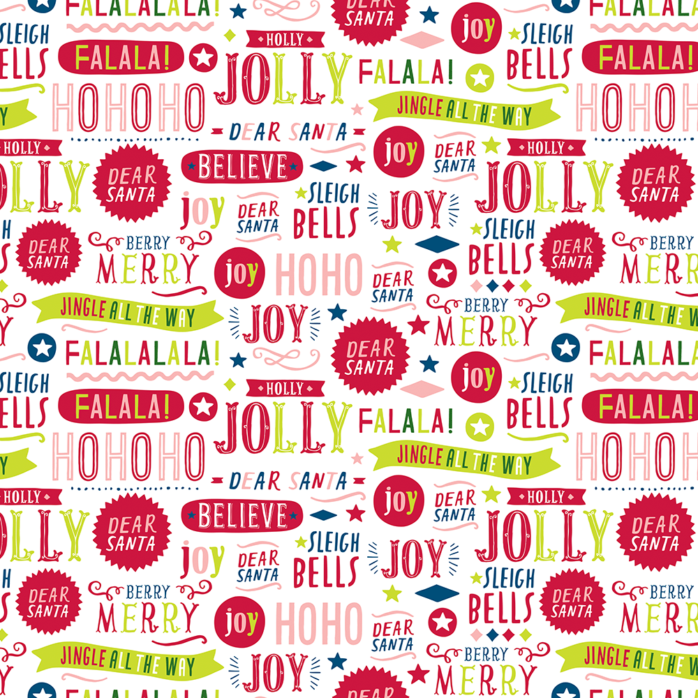 White plastic oversized sack with holiday seasonal red and green sayings tied with drawstring and tag