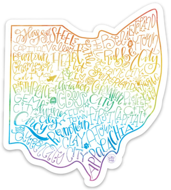 Ohio shaped sticker with cities in rainbow font