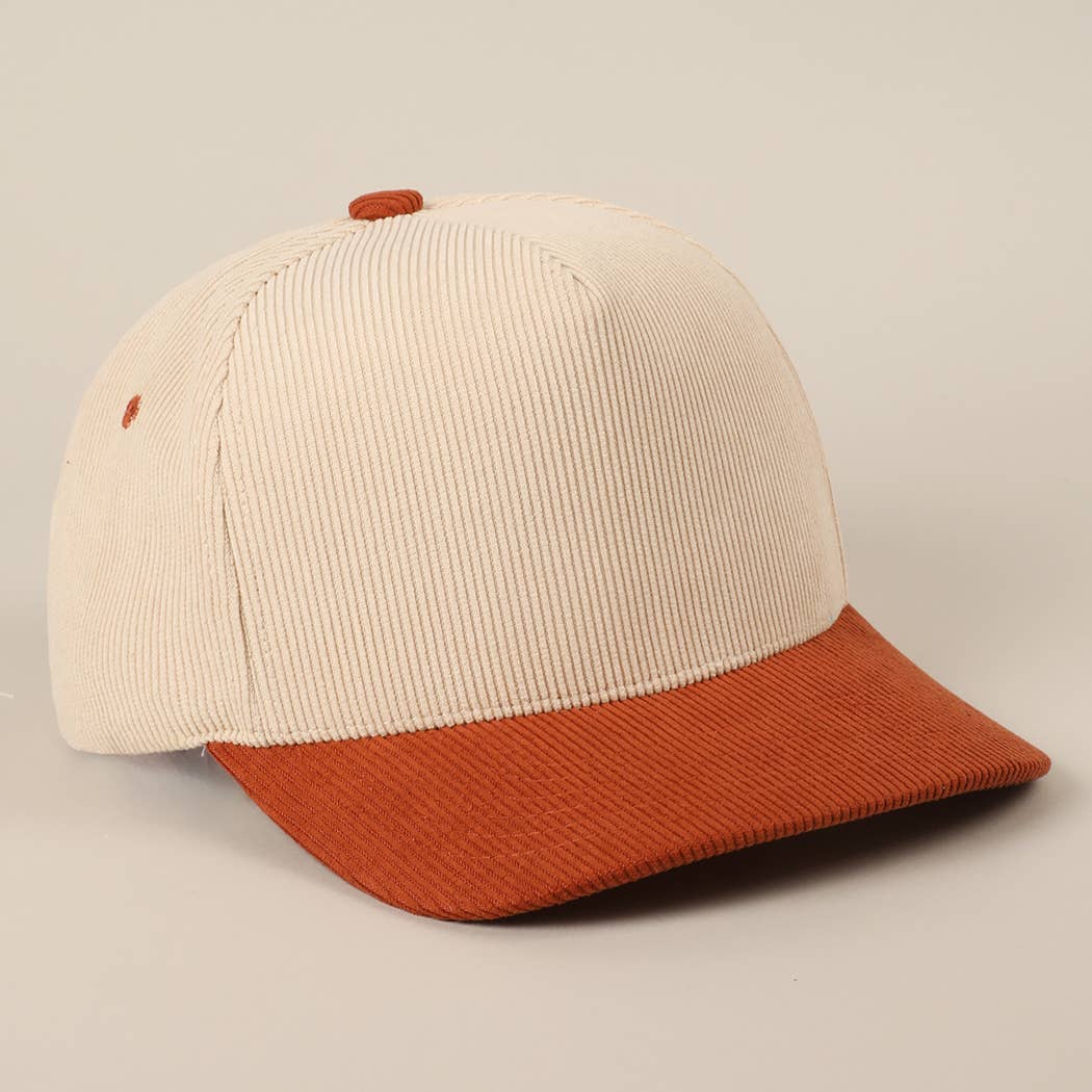 Plain Two Tone Corduroy 5 Panel Trucker Hat: BROWN/PINK / ONE SIZE
