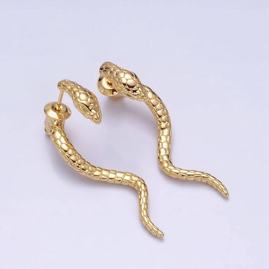 16K Gold Filled Snake Serpent Textured Wavy Drop Stud Earrings in Gold & Silver