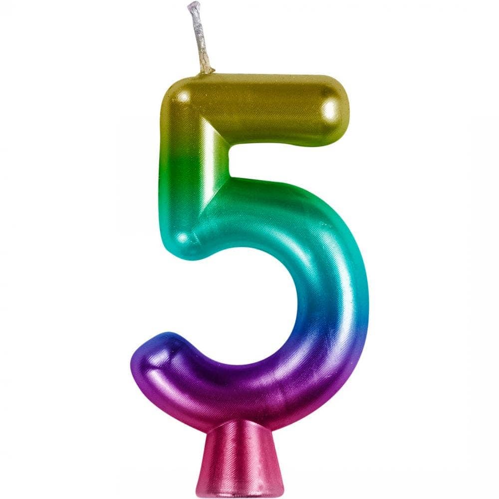 Bulk Rainbow Metallic 5 Birthday Candle  (12 per Case)