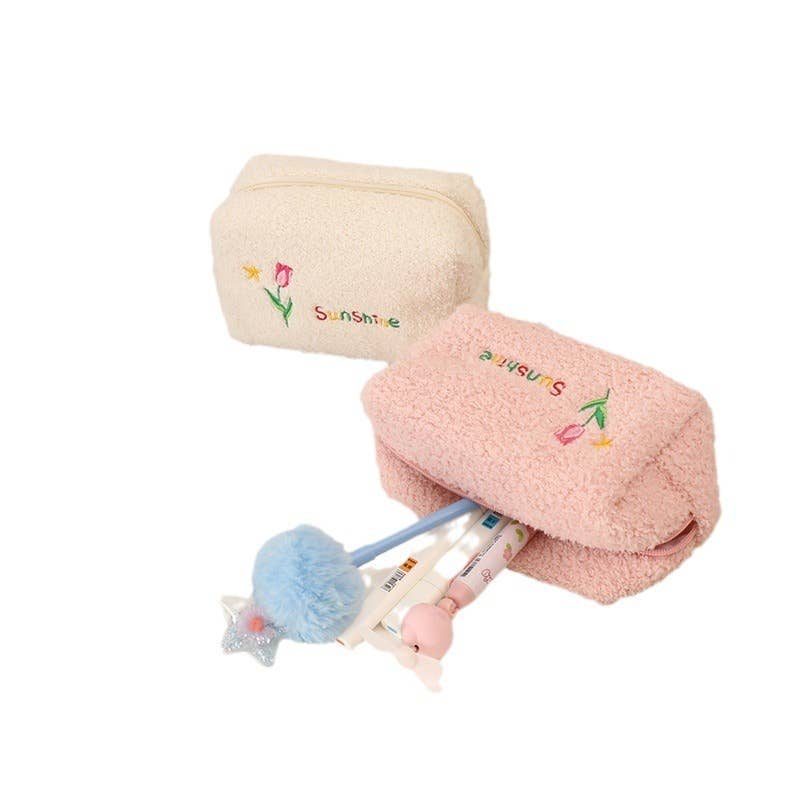 Cute Plush Makeup Bag-Portable Handheld Cosmetic Pouch Women: Pink