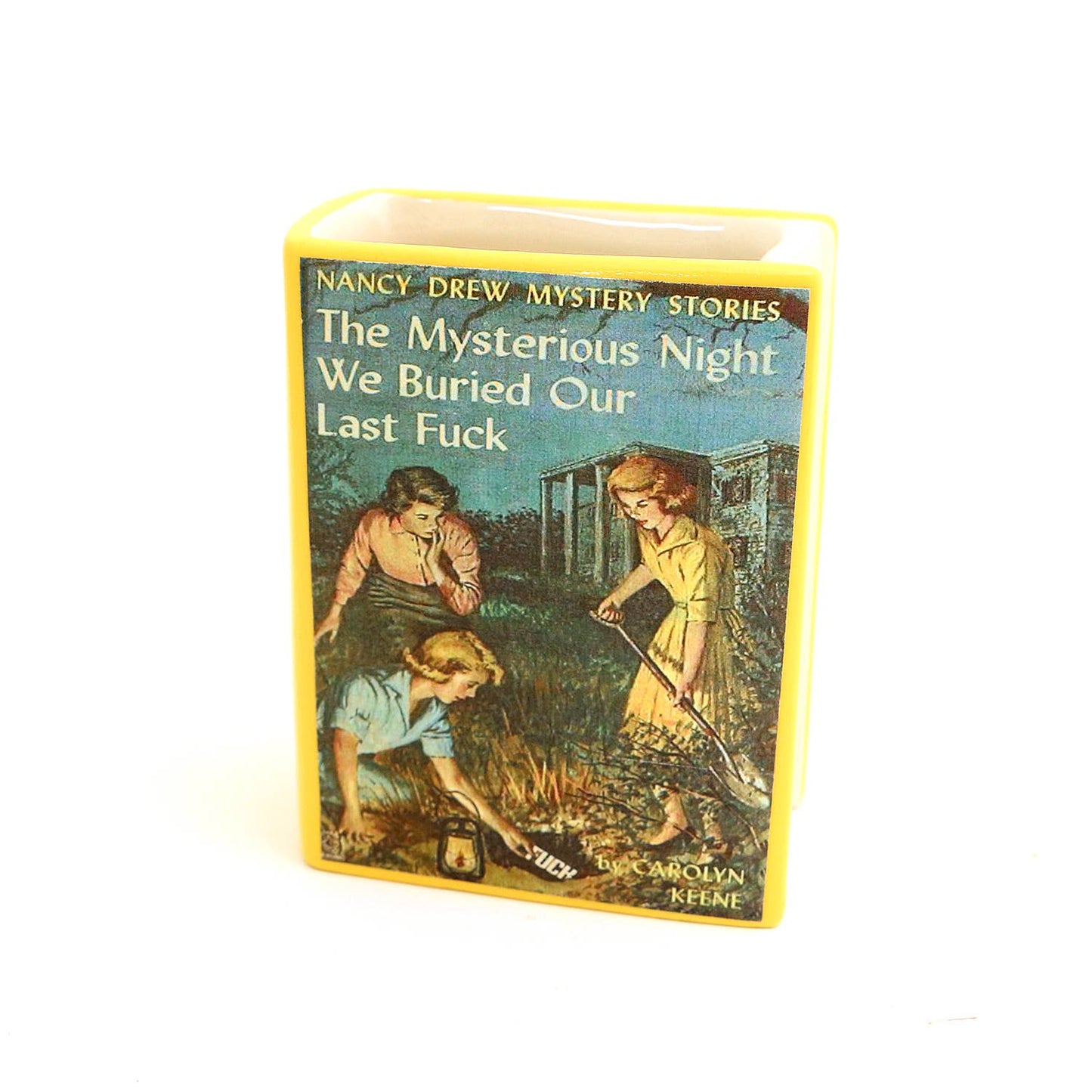Nancy Drew Parody Book Shaped Pencil Container, decoupaged, vase