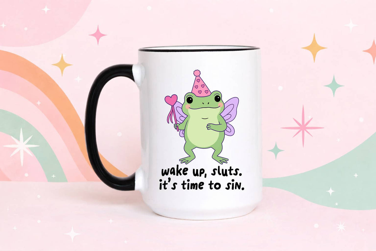 Wake Up Sluts Ceramic Coffee Mug, Funny Frog Mug: 15oz / Black rim/handle