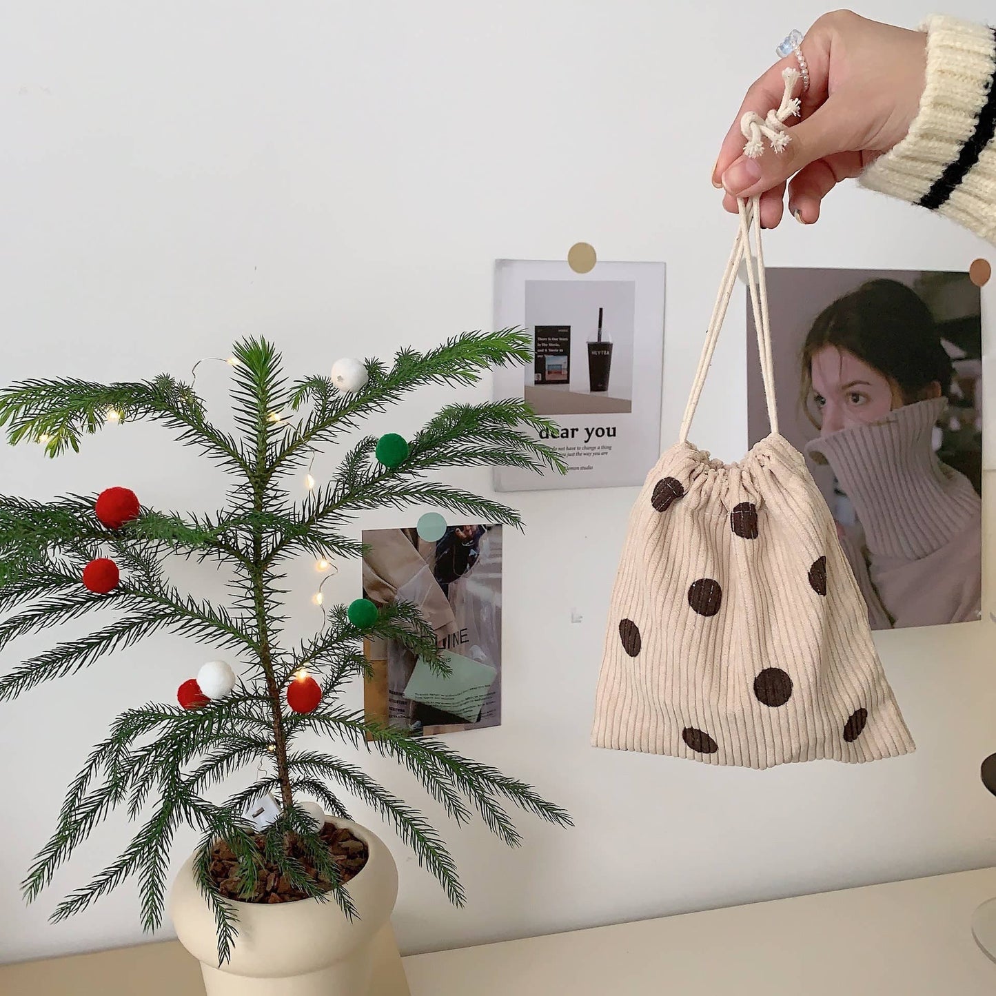 Corduroy  Smiley Face Coin Purse Drawstring Pocket Women: Pink