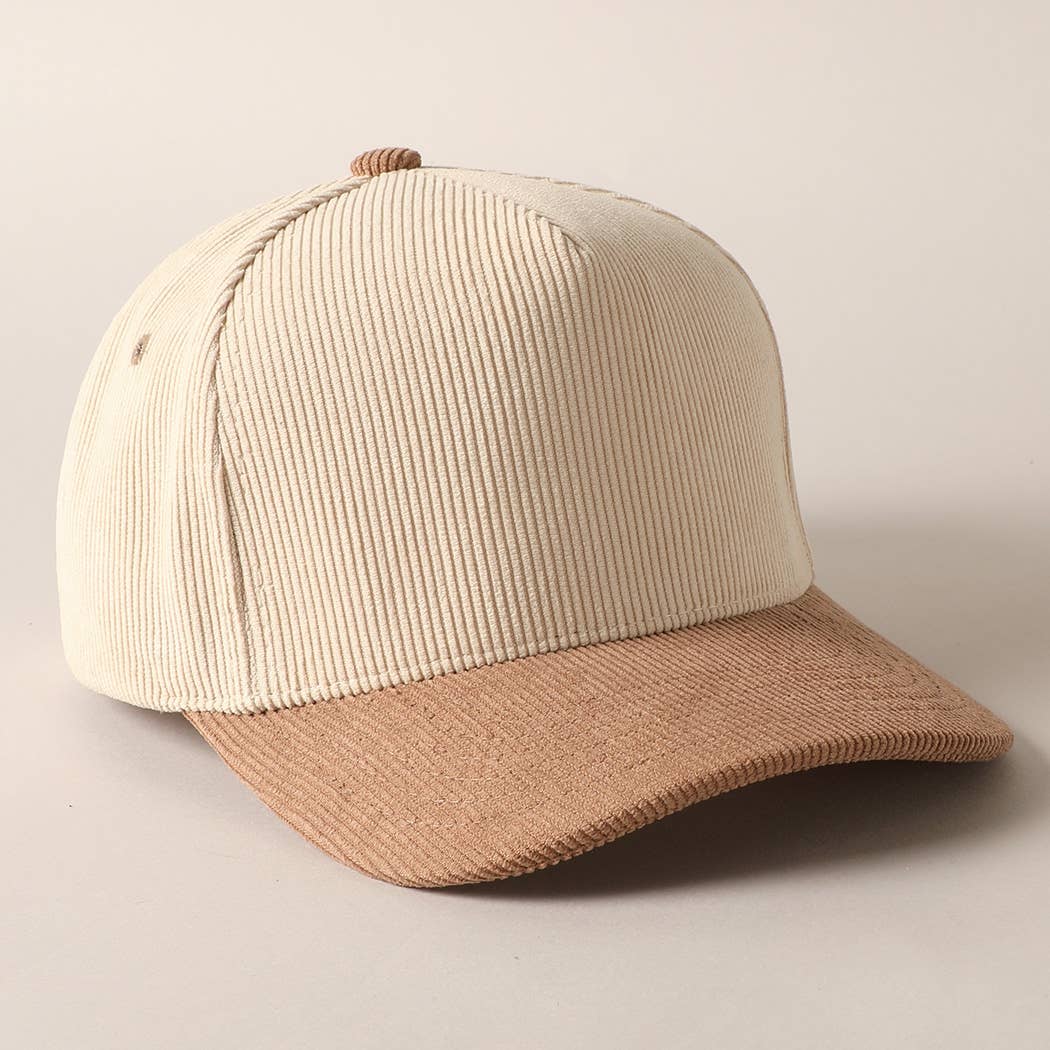 Plain Two Tone Corduroy 5 Panel Trucker Hat: BROWN/PINK / ONE SIZE