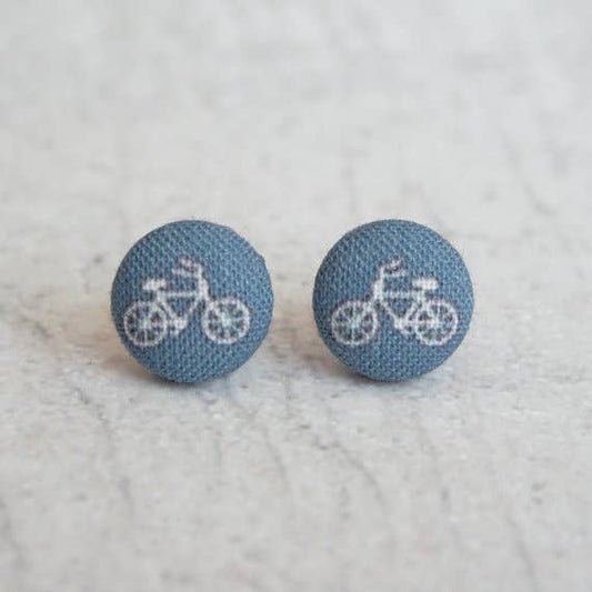 Tiny Navy Bikes Fabric Button Earrings: 0.5 inch wide