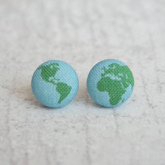 Planet Earth Fabric Button Earrings: 0.5 inch wide