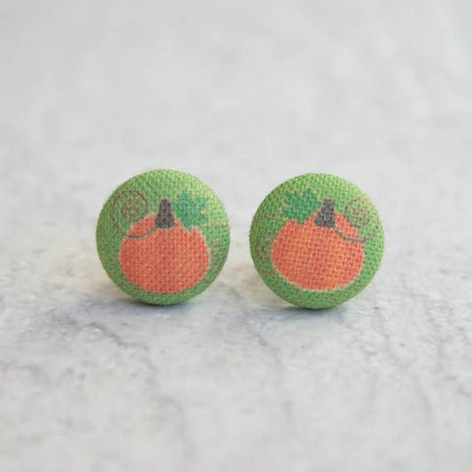 Fall Pumpkins Fabric Button Earrings: 0.5 inch wide