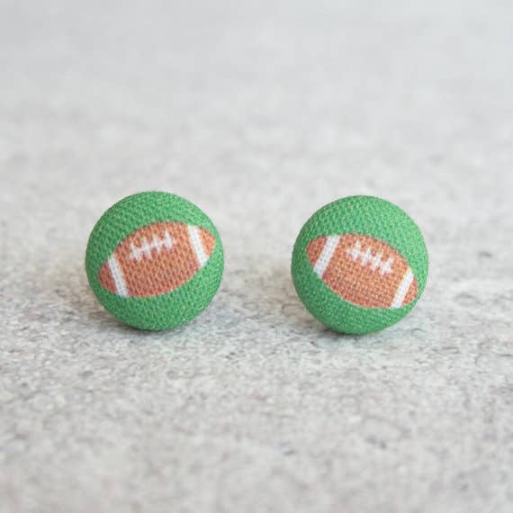 Footballs, Fabric Covered Button Earrings: 0.5 inch wide