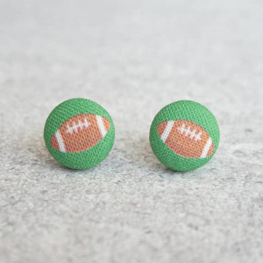 Footballs, Fabric Covered Button Earrings: 0.5 inch wide