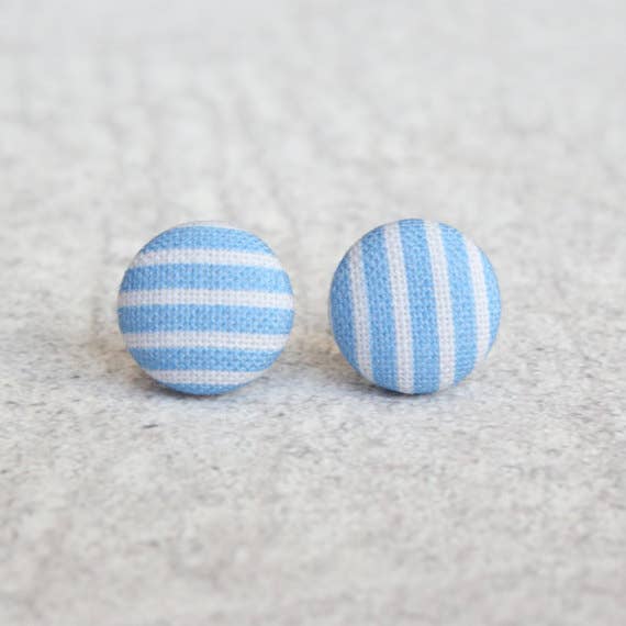 Blue Stripes Fabric Button Earrings: 0.5 inch wide