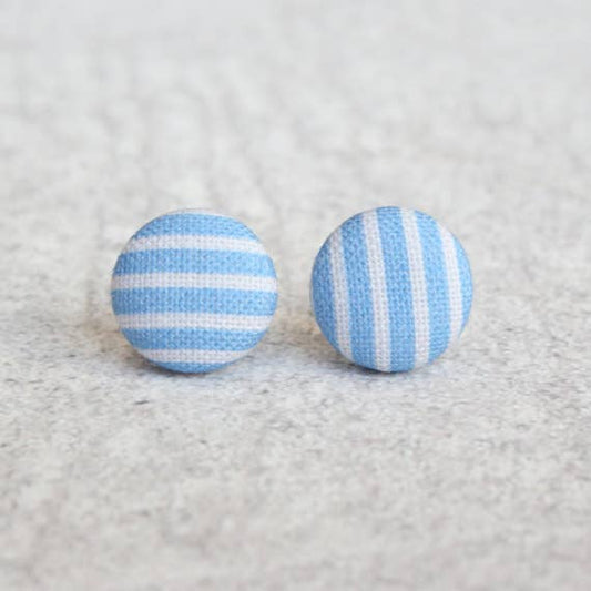 Blue Stripes Fabric Button Earrings: 0.5 inch wide