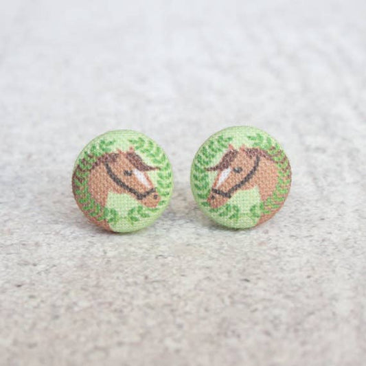 Horse Fabric Button Earrings: 0.5 inch wide