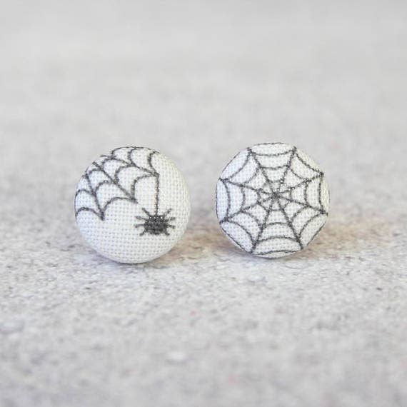 Spider and Web Fabric Button Earrings: 0.5 inch wide
