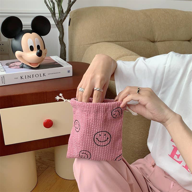 Corduroy  Smiley Face Coin Purse Drawstring Pocket Women: Pink
