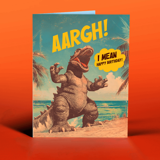 GODZILLA beach party birthday card