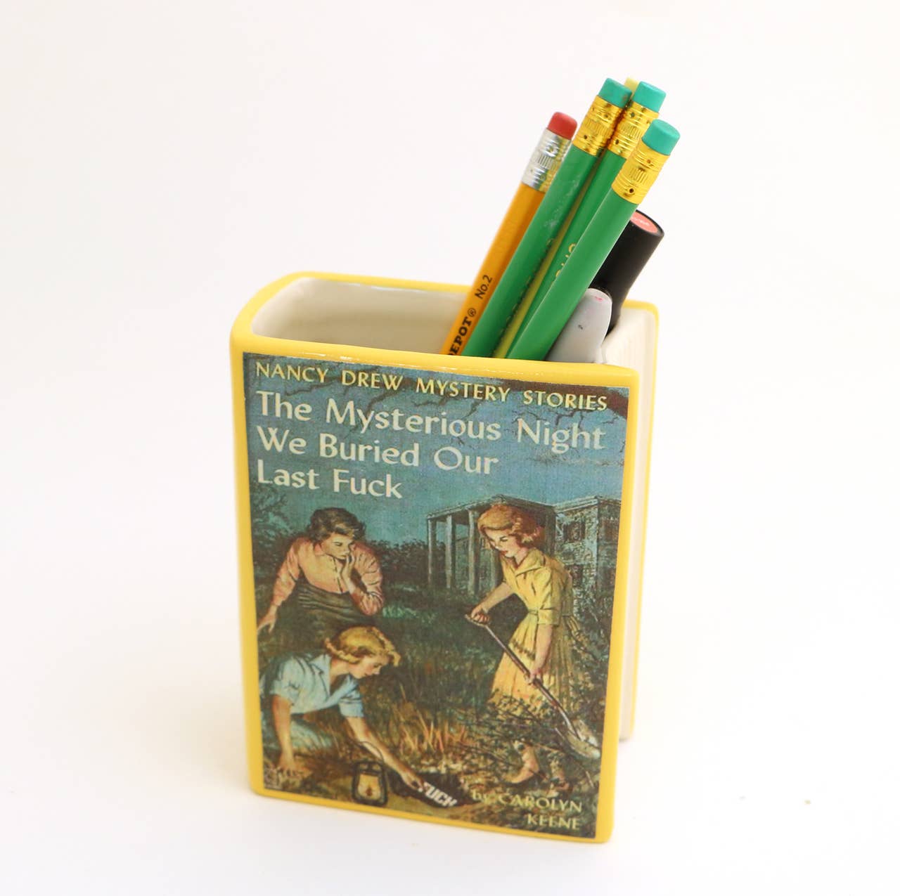 Nancy Drew Parody Book Shaped Pencil Container, decoupaged, vase