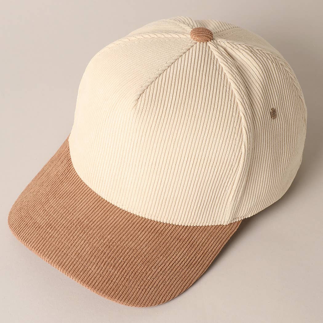 Plain Two Tone Corduroy 5 Panel Trucker Hat: BROWN/PINK / ONE SIZE