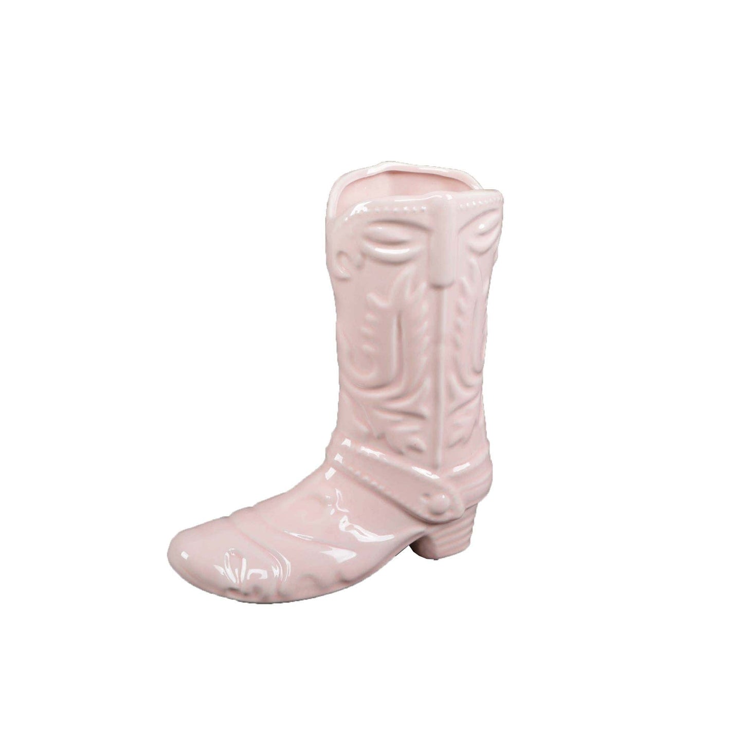 8.5 H Pink Ceramic Cow Girl Boot Vase