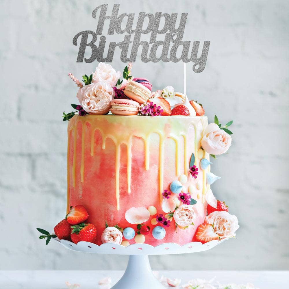 Silver Glitter Happy Birthday Cake Toppers, 1/Pkg