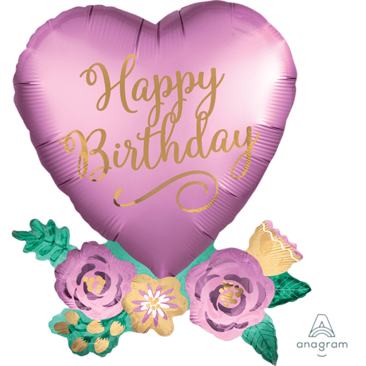 30" Satin B'day Heart & Flowers Balloon