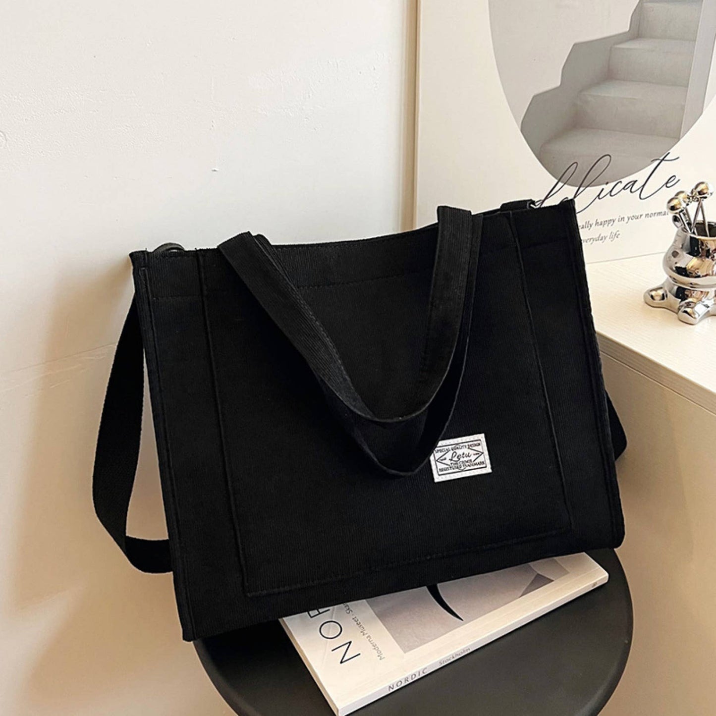 Corduroy Tote Bag Handheld and Single Shoulder School Tote: White