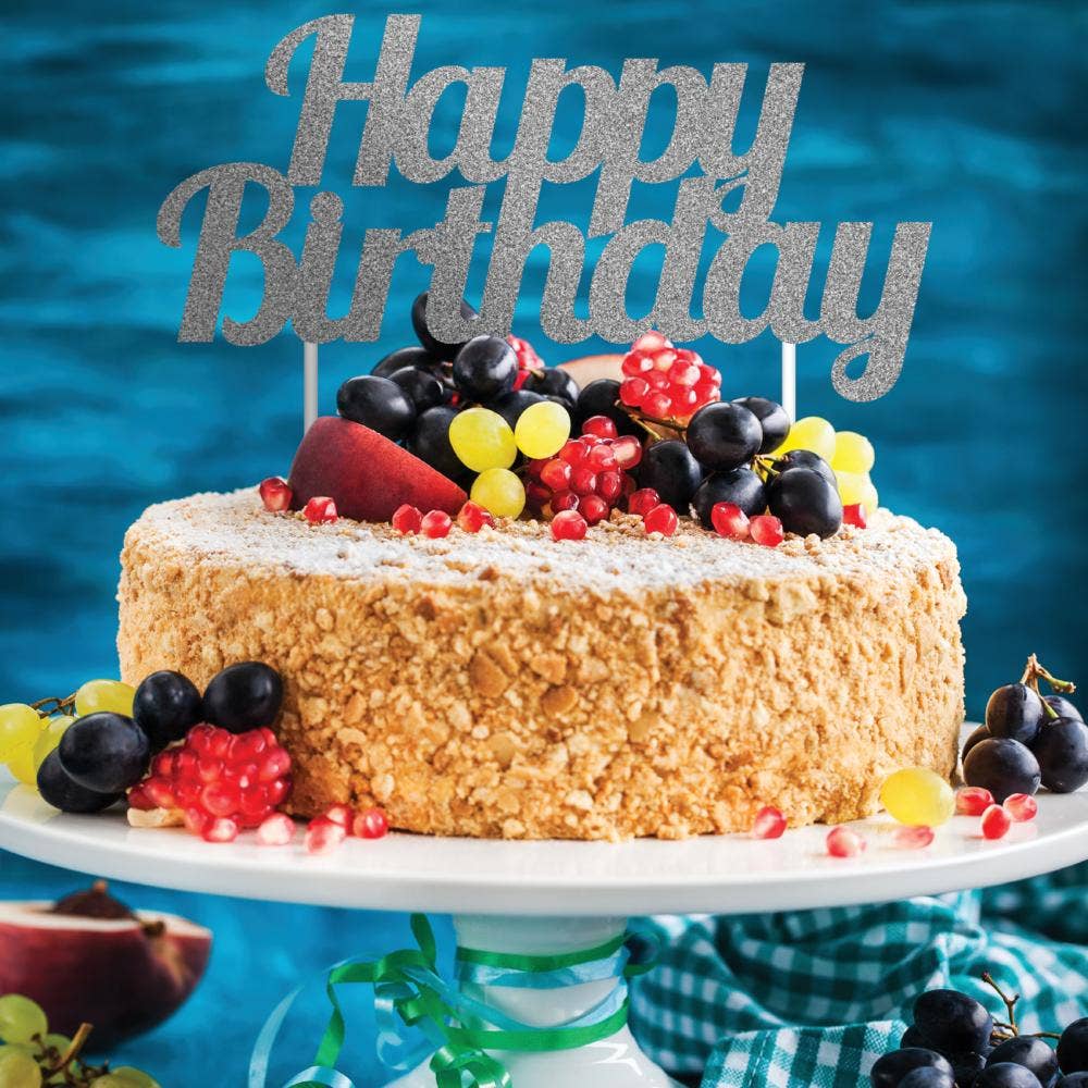 Silver Glitter Happy Birthday Cake Toppers, 1/Pkg