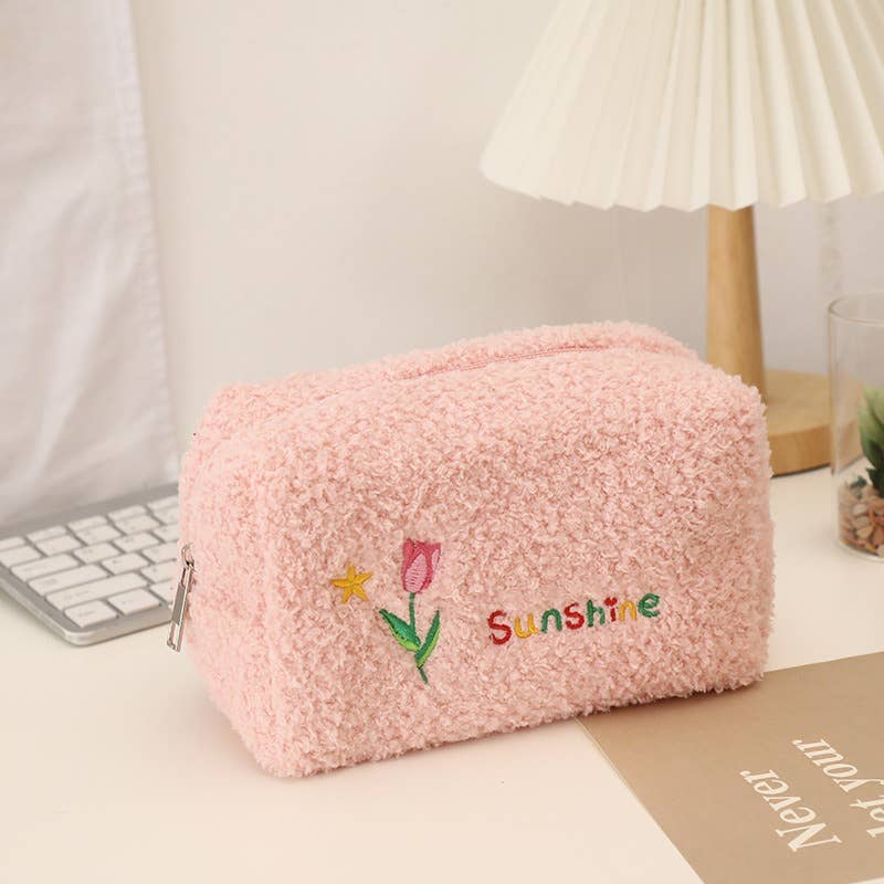 Cute Plush Makeup Bag-Portable Handheld Cosmetic Pouch Women: Pink