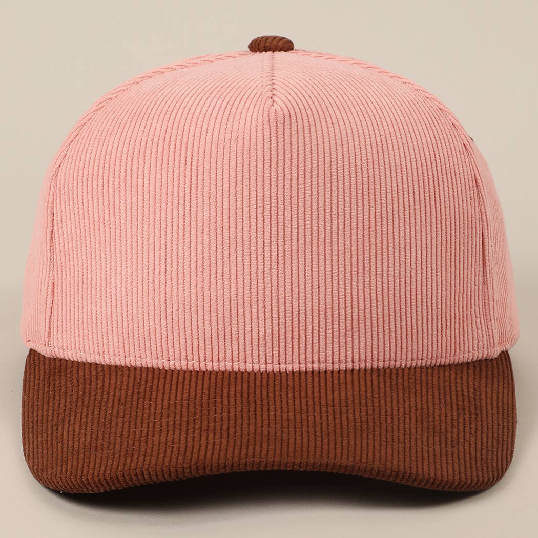 Plain Two Tone Corduroy 5 Panel Trucker Hat: BROWN/PINK / ONE SIZE