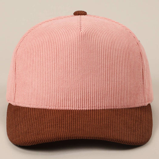 Plain Two Tone Corduroy 5 Panel Trucker Hat: BROWN/PINK / ONE SIZE