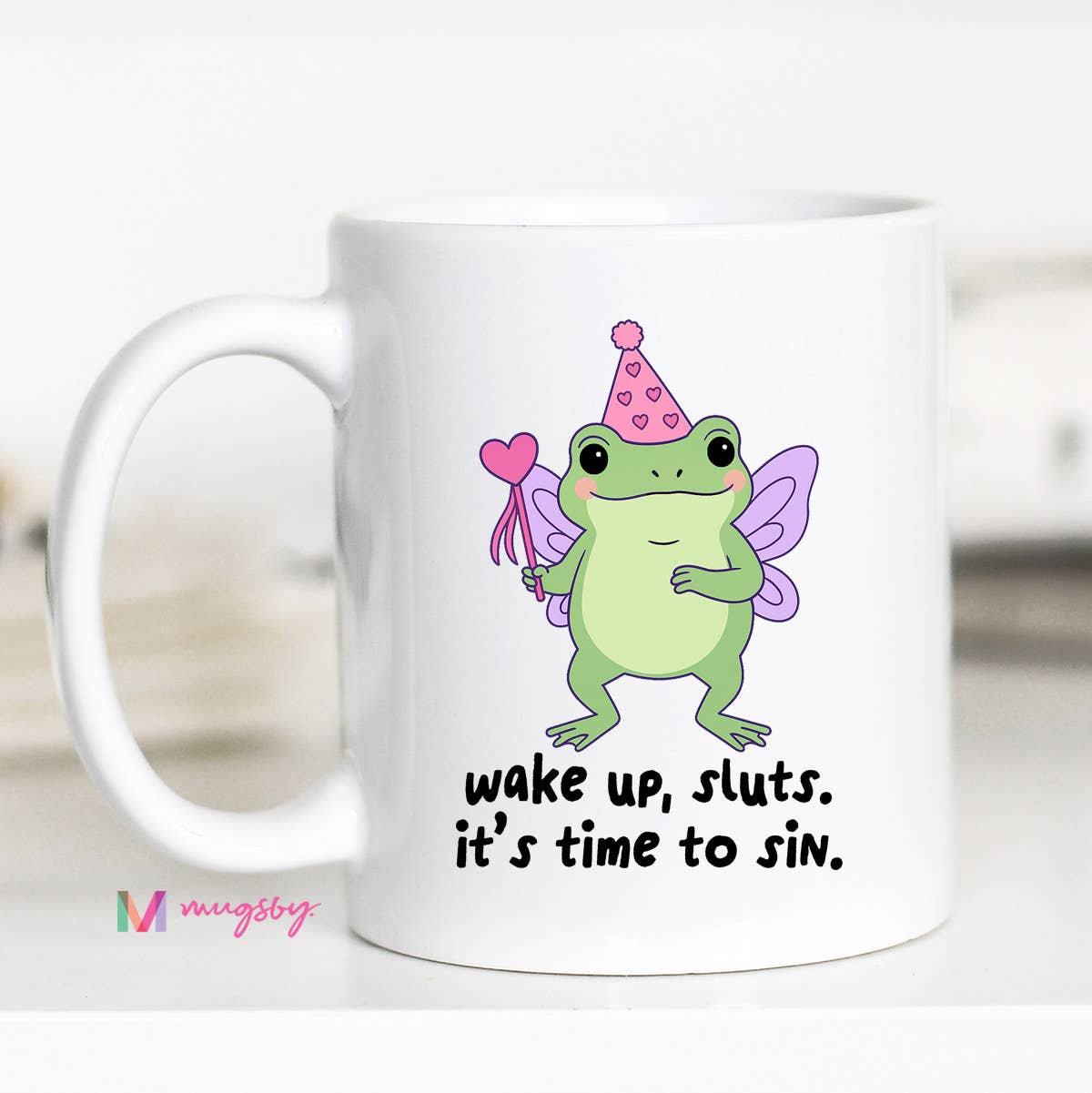 Wake Up Sluts Ceramic Coffee Mug, Funny Frog Mug: 15oz / Black rim/handle