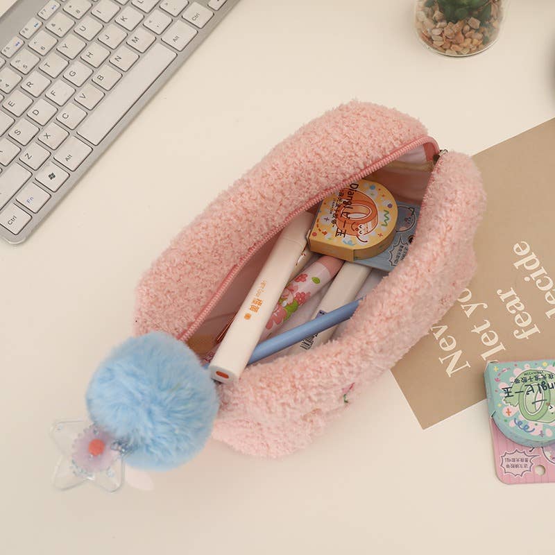 Cute Plush Makeup Bag-Portable Handheld Cosmetic Pouch Women: Pink