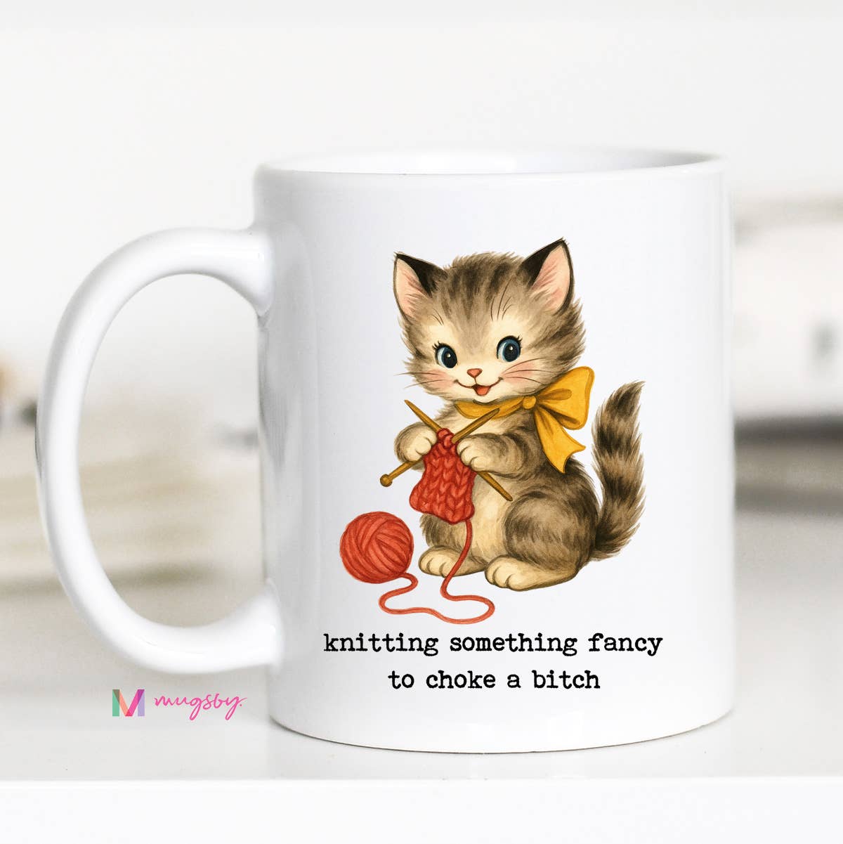 Knitting Something Fancy Funny Cat Mug for Makers: 15oz / All white