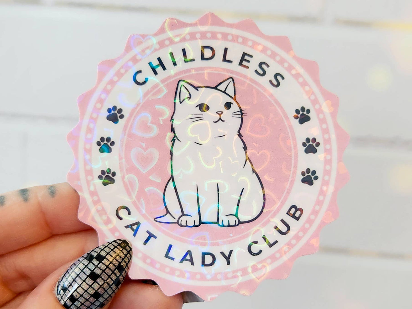 Childless Cat Lady Club Holographic Sticker, 3 in.: Hearts