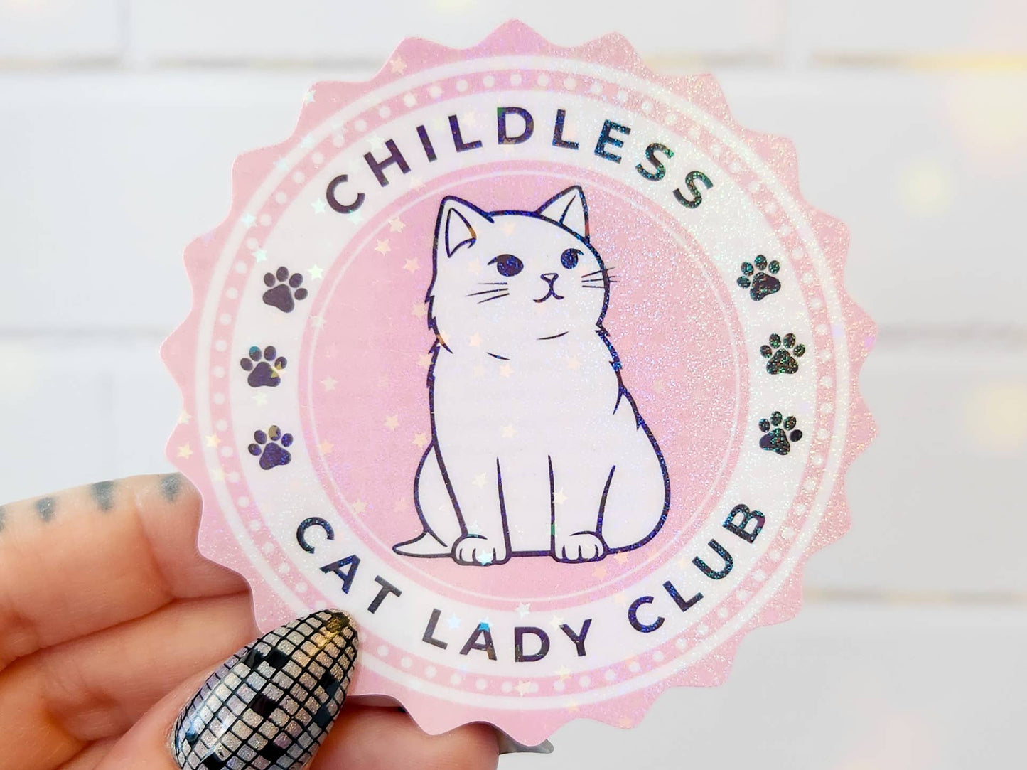Childless Cat Lady Club Holographic Sticker, 3 in.: Hearts
