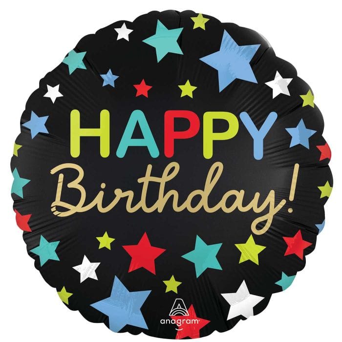 18" Black Satin Happy Birthday Stars Balloon