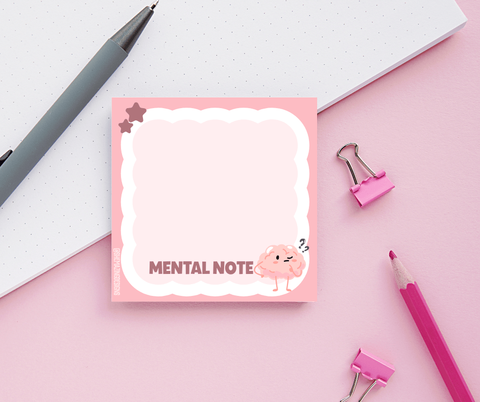 Mental Note Sticky Note Pad – Cute Brain Design, Funny Office Stationery for Work or School